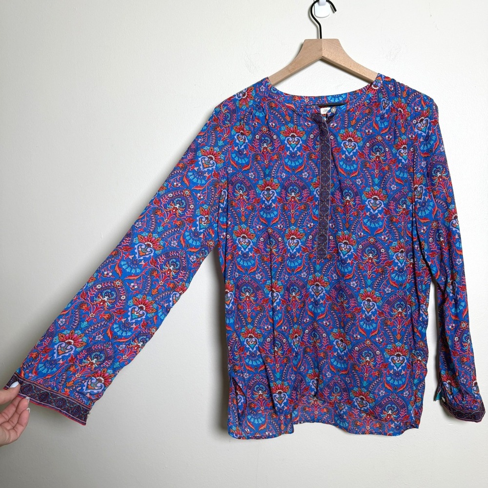 LOFT Womens Cotton Rayon Blouse M Blue Paisley Long Sleeve Henley Softened Shirt